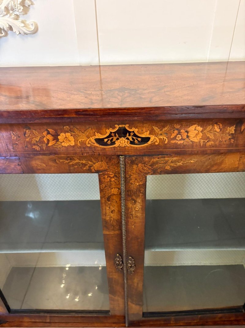 Antique Victorian Quality Figured Burr Walnut & Marquetry Inlaid Display Cabinet